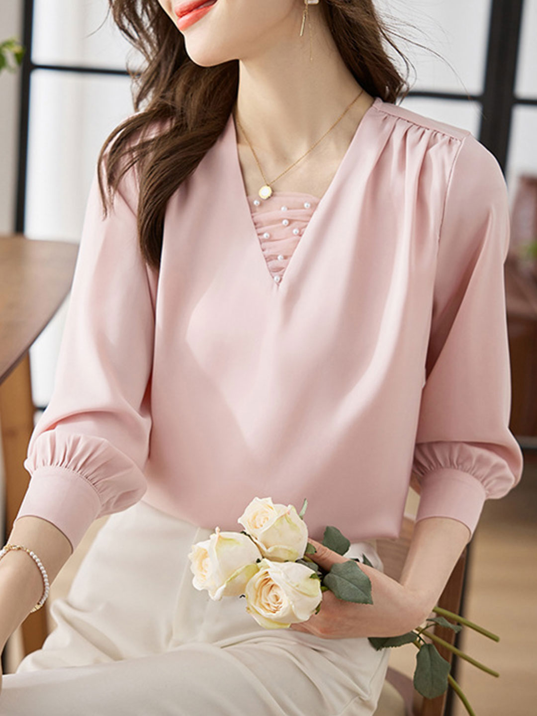 Brianna Classic V-neck Satin Shirt-Pink