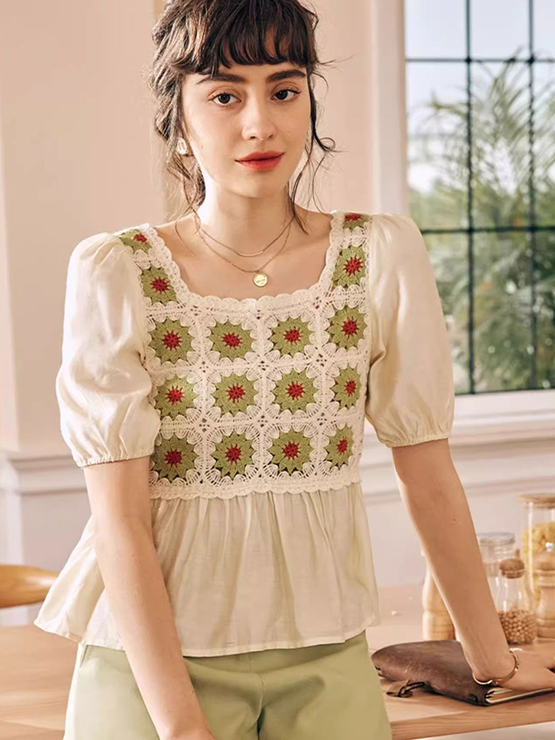 Olivia Retro Square Collar Crocheted Hollowed Chiffon Top