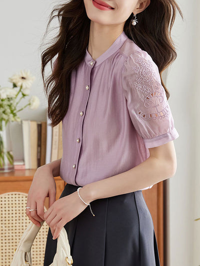 Molly Retro Embroidered Hollowed Puff Sleeve Top