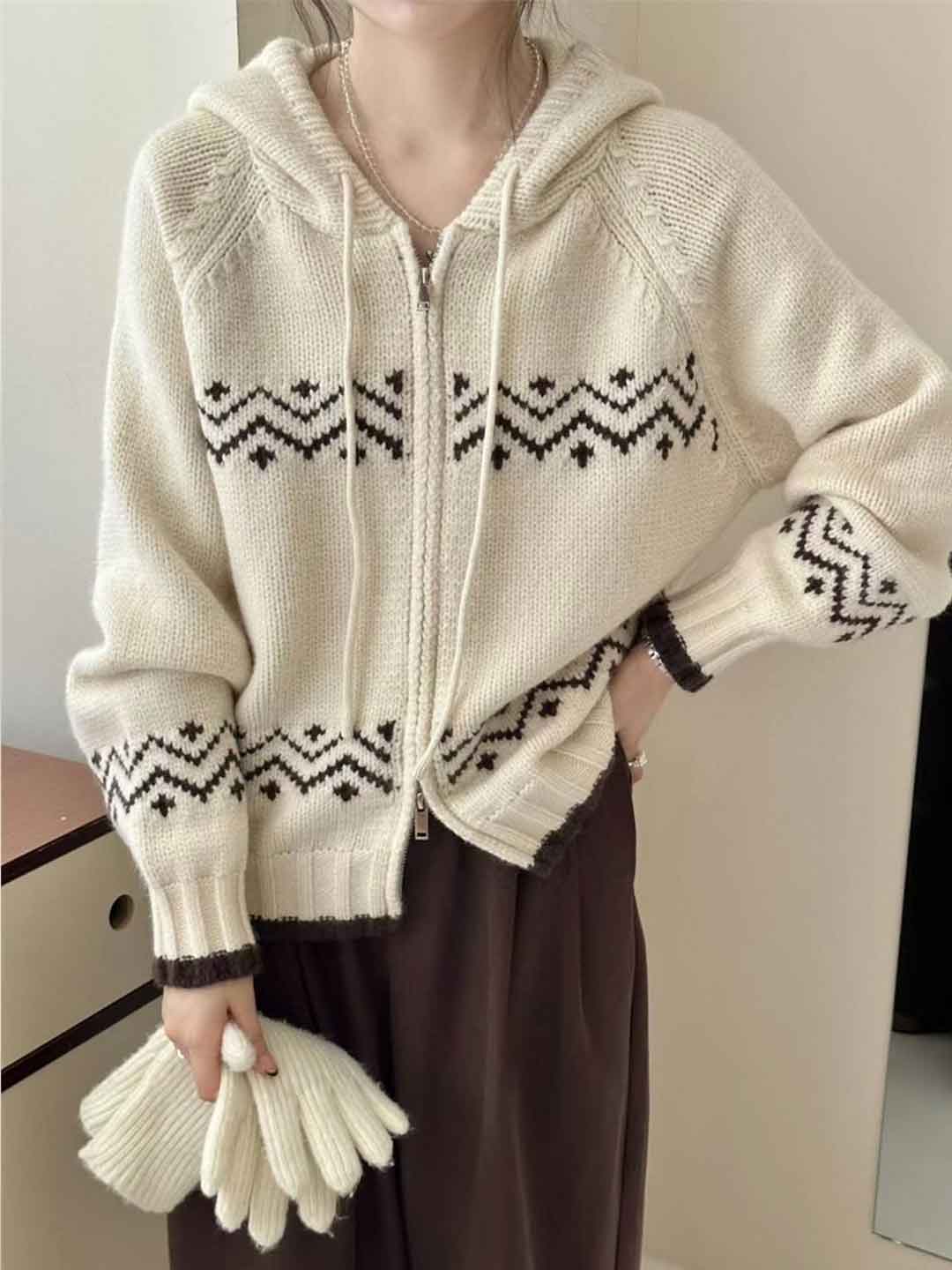 Ashley Casual Jacquard Hooded Knitted Cardigan