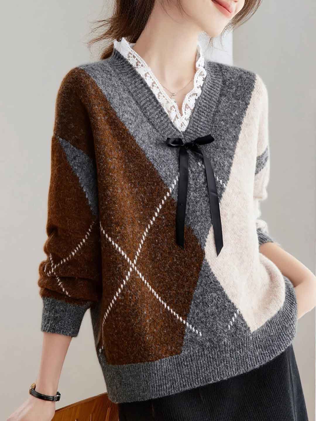Sarah Casual V-Neck Lace Colorblocked Knitted Sweater
