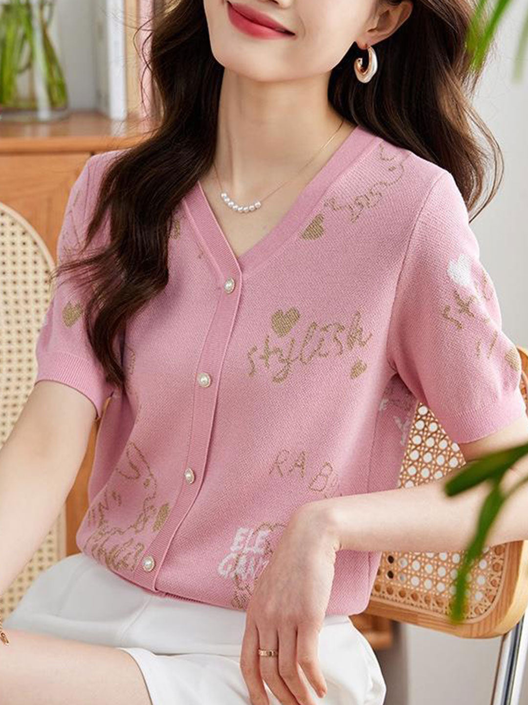 Ashley Classic Puff Sleeve Jacquard Knitted Top-Pink