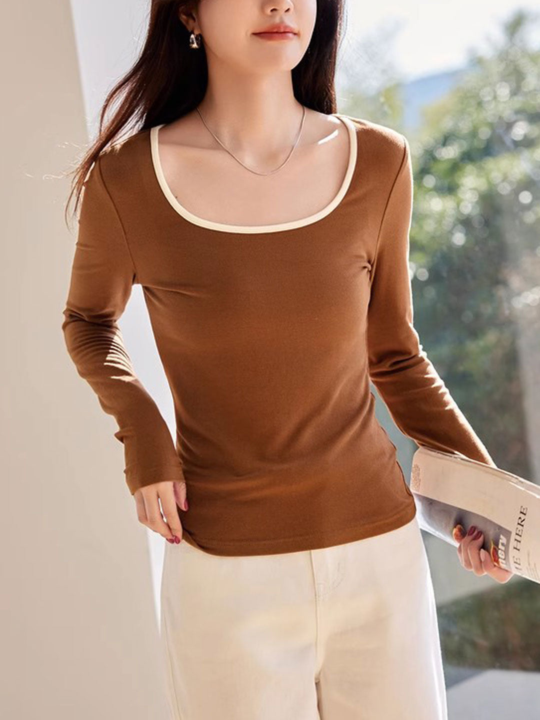 Sarah Classic Square Collar Contrasting Color Slim Top