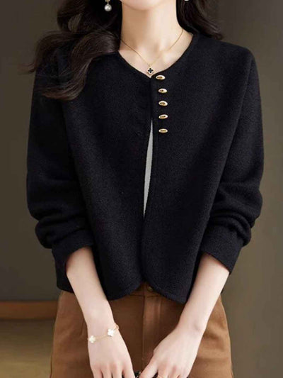 Maya Classic Crew Neck Solid Color Tweed Knitted Coat