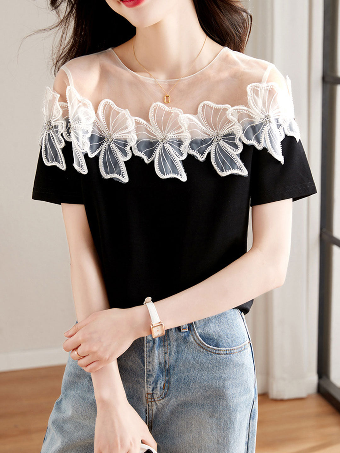 Kayla Retro Stitching Flower Chiffon Top