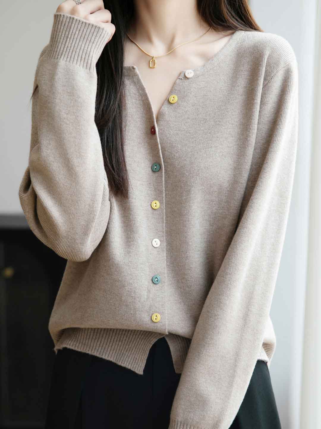 Andrea Classic Crew Neck Colorful Buttons Solid Color Knitted Cardigan