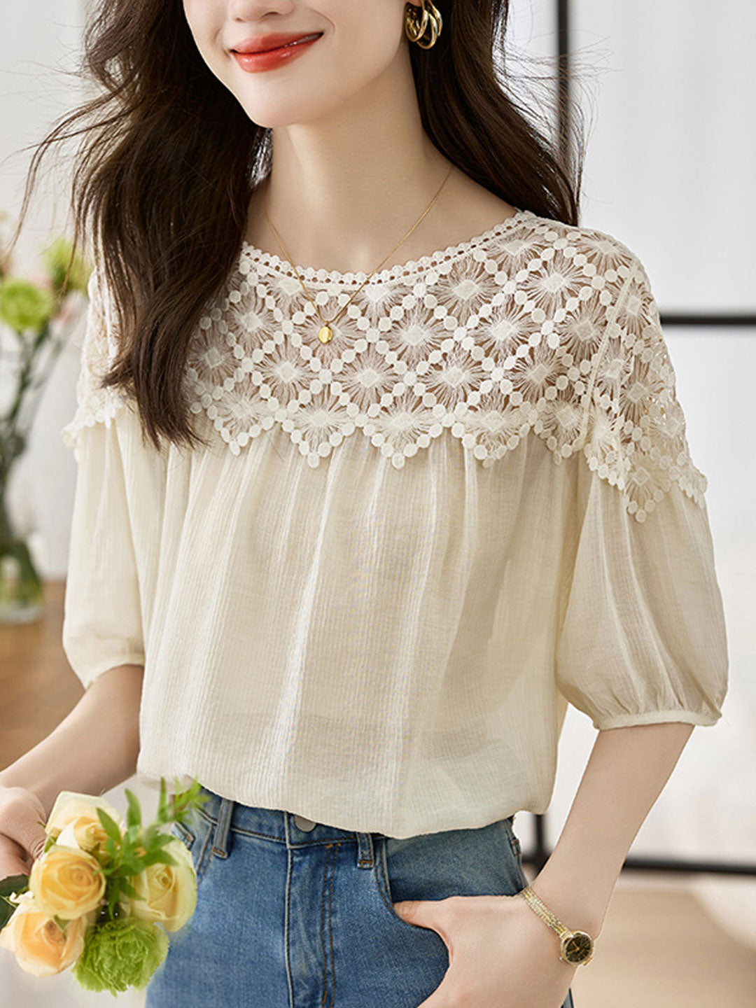 Sophie Loose Chiffon Lace Blouse-Apricot