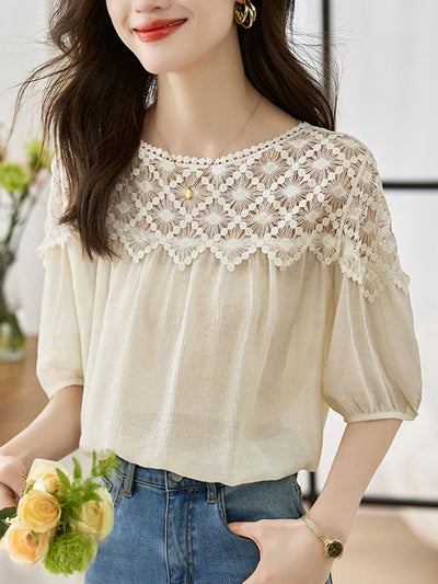 Sophie Loose Chiffon Lace Blouse-Apricot