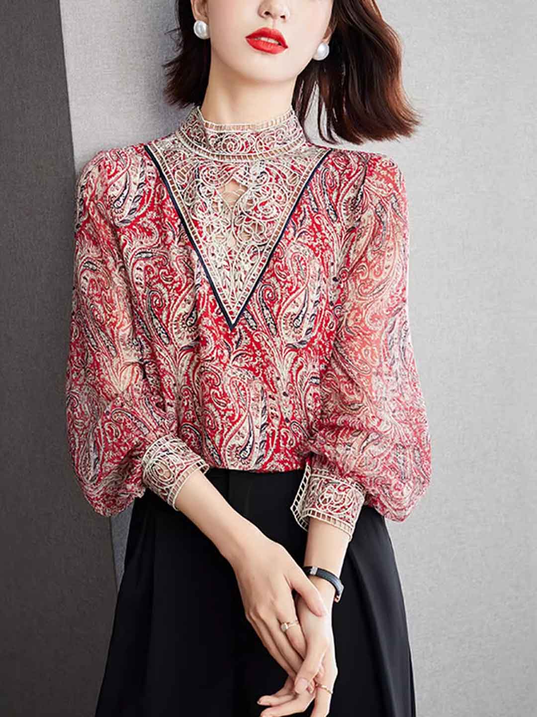 Kayla Retro Embroidered Balloon Sleeve Blouse