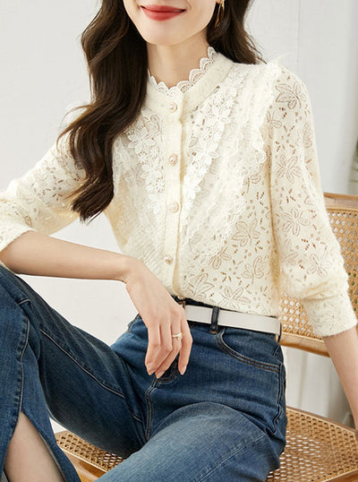 Chloe Retro Lace Solid Color Cardigan