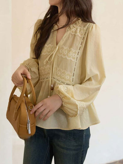 Elizabeth Classic V-neck Latern Sleeve Lace Top