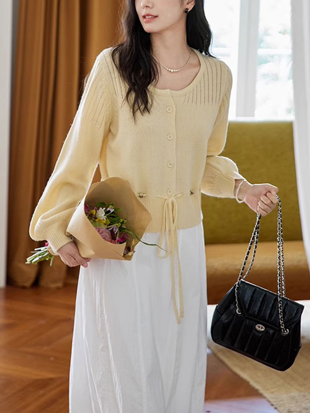 Peyton Retro Crew Neck Beaded Drawstring Knitted Cardigan