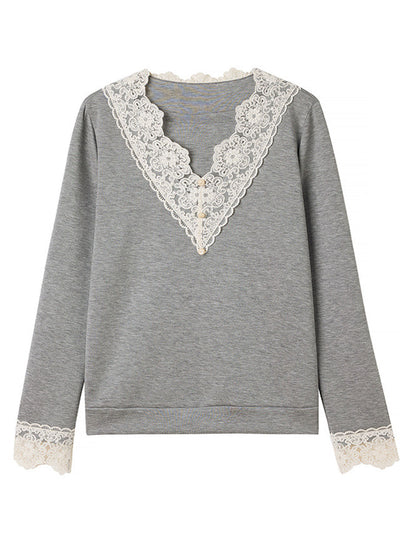 Brooke Loose V-Neck Lace Sweatshirt