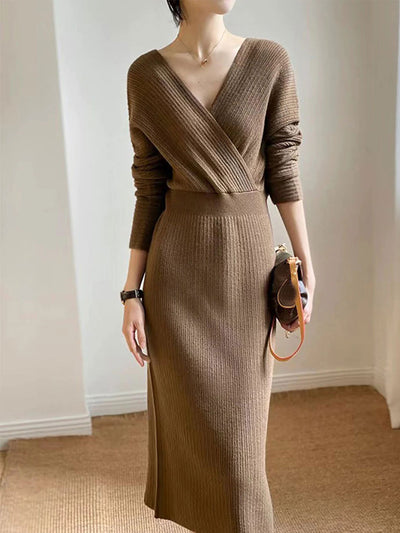 Grace Vintage V-neck Knitted Sweater Dress-Coffee