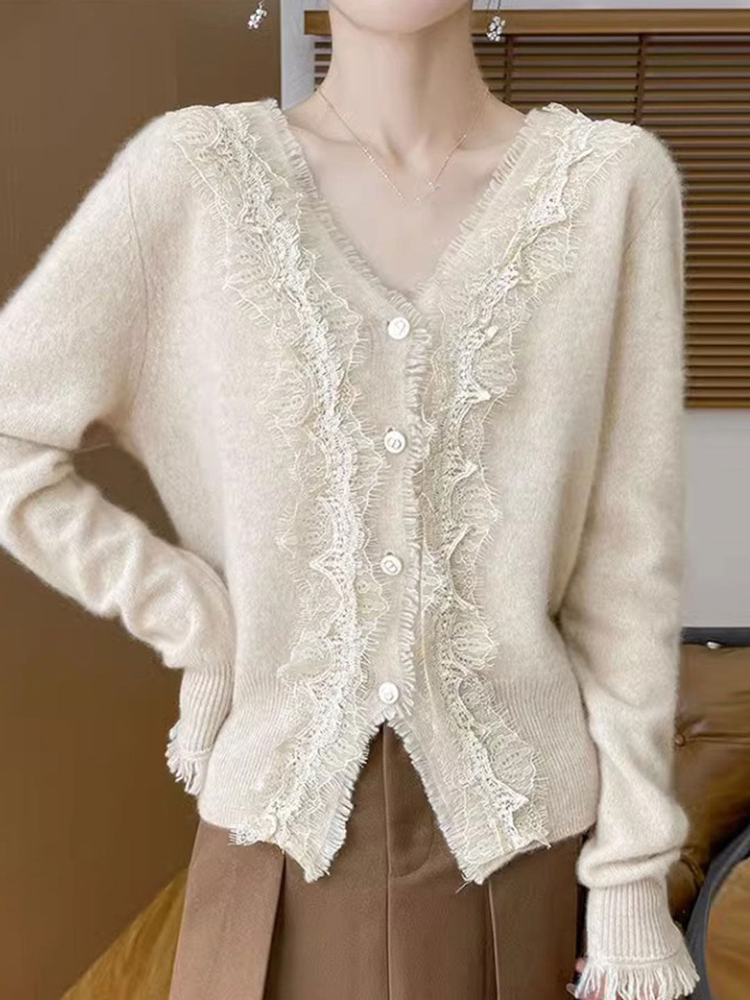 Emma Elegant V-Neck Lace Knitted Cardigan-Camel – Roselili