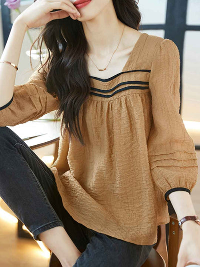 Bella Classic Back Hollowed Blouse-Khaki