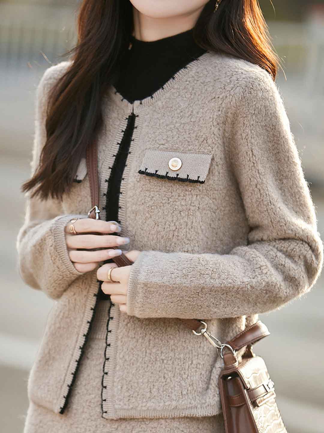 Aaliyah Elegant Crew Neck Tweed Knitted Coat