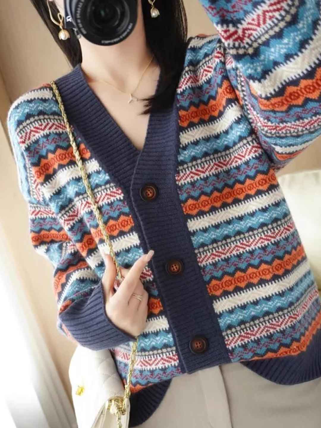 Jessica Loose V-Neck Striped Knitted Cardigan