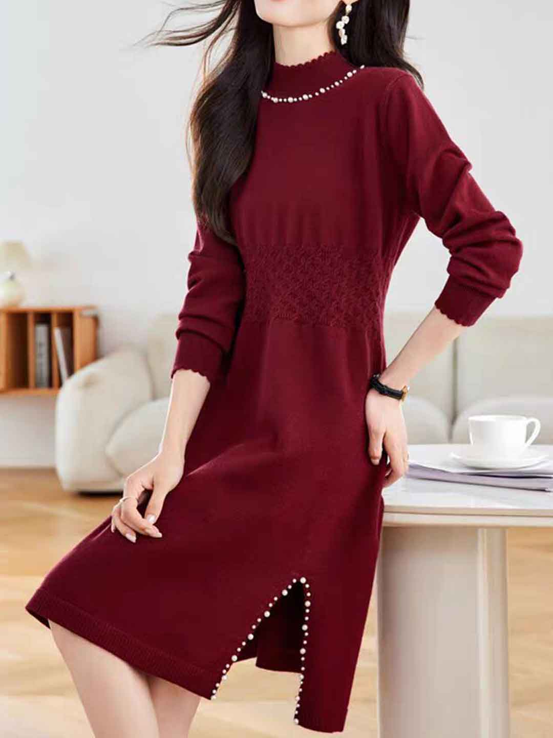 Victoria Casual Turtleneck Beaded Knitted Sweater Dress