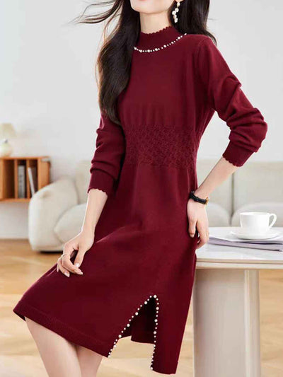 Victoria Casual Turtleneck Beaded Knitted Sweater Dress