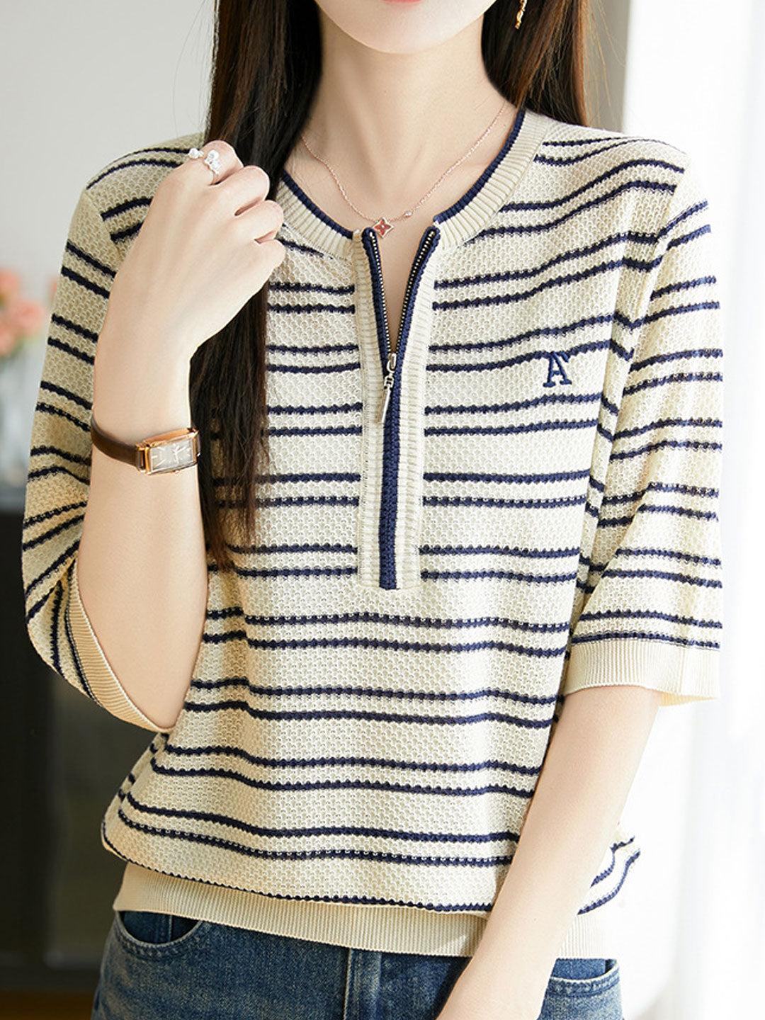 Brianna Loose Crew Neck Striped Pullover Top