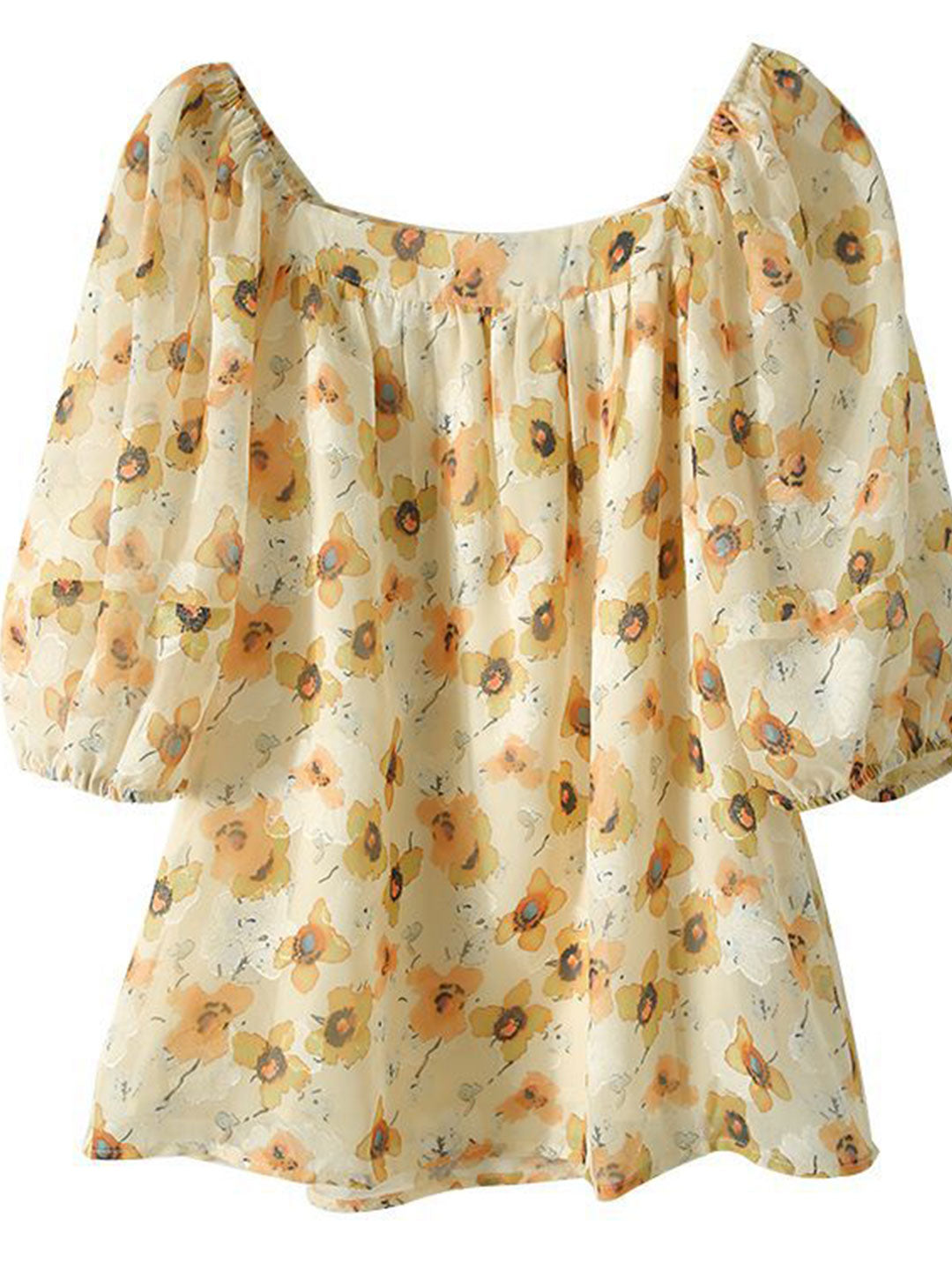 Emma Retro Square Neck Printed Chiffon Top