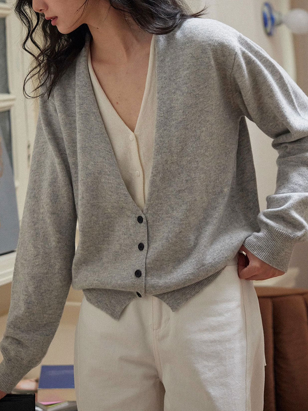 Andrea Classic V-Neck Faux Two-Piece Knitted Cardigan