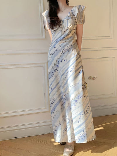 Sophie Elegant V-neck Ruffle Collar Printed Dress