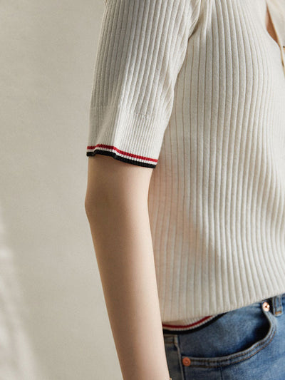 Kylie Elegant V-Neck Stripe Knitted Top-White