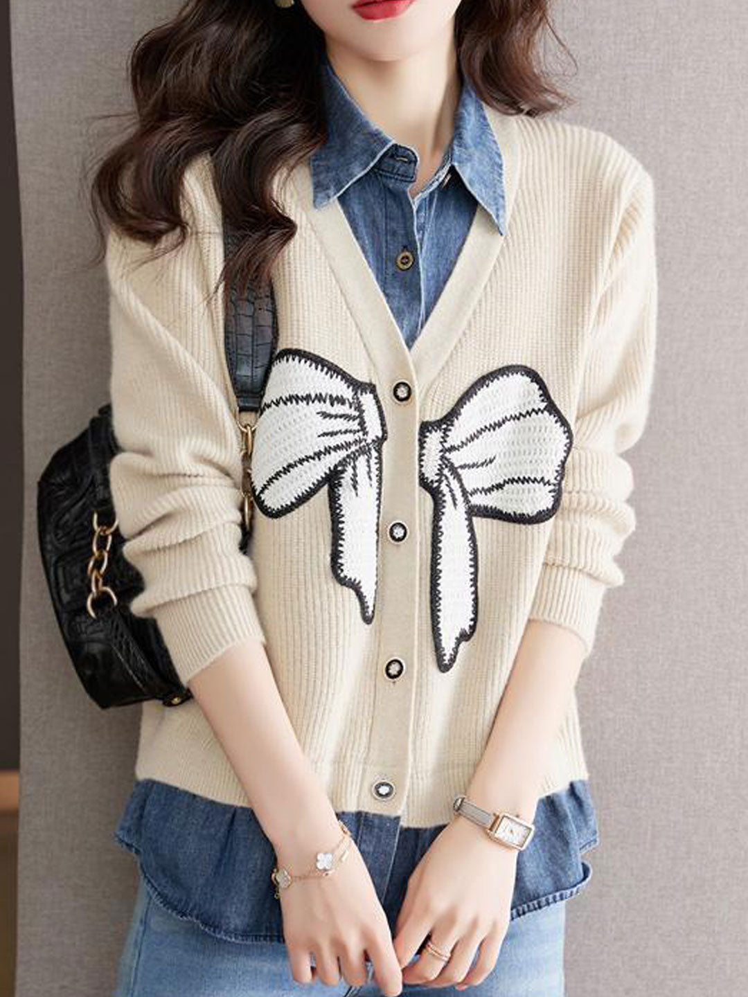 Freda Loose Denim Patchwork Mock Two-Piece Knitted Cardigan