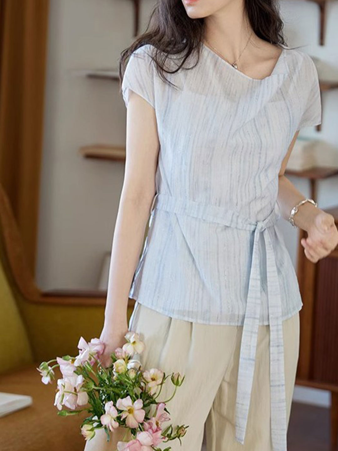 Audrey Retro Swing Collar Printed Tie Waist Top