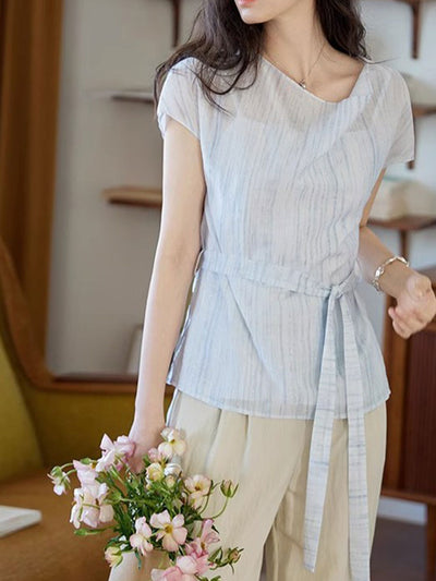 Audrey Retro Swing Collar Printed Tie Waist Top