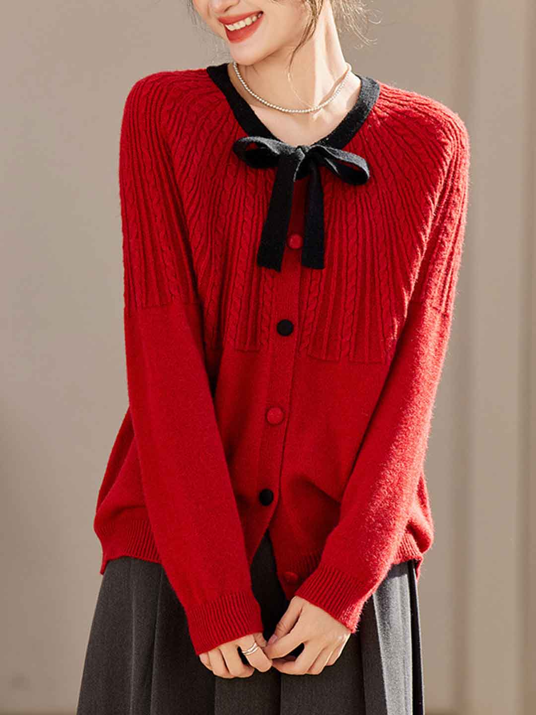 Abigail Loose Crew Neck Color-Blocked Bow Knitted Cardigan