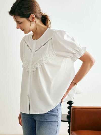 Layla Retro Hollowed Paneled Lace Shirt-White