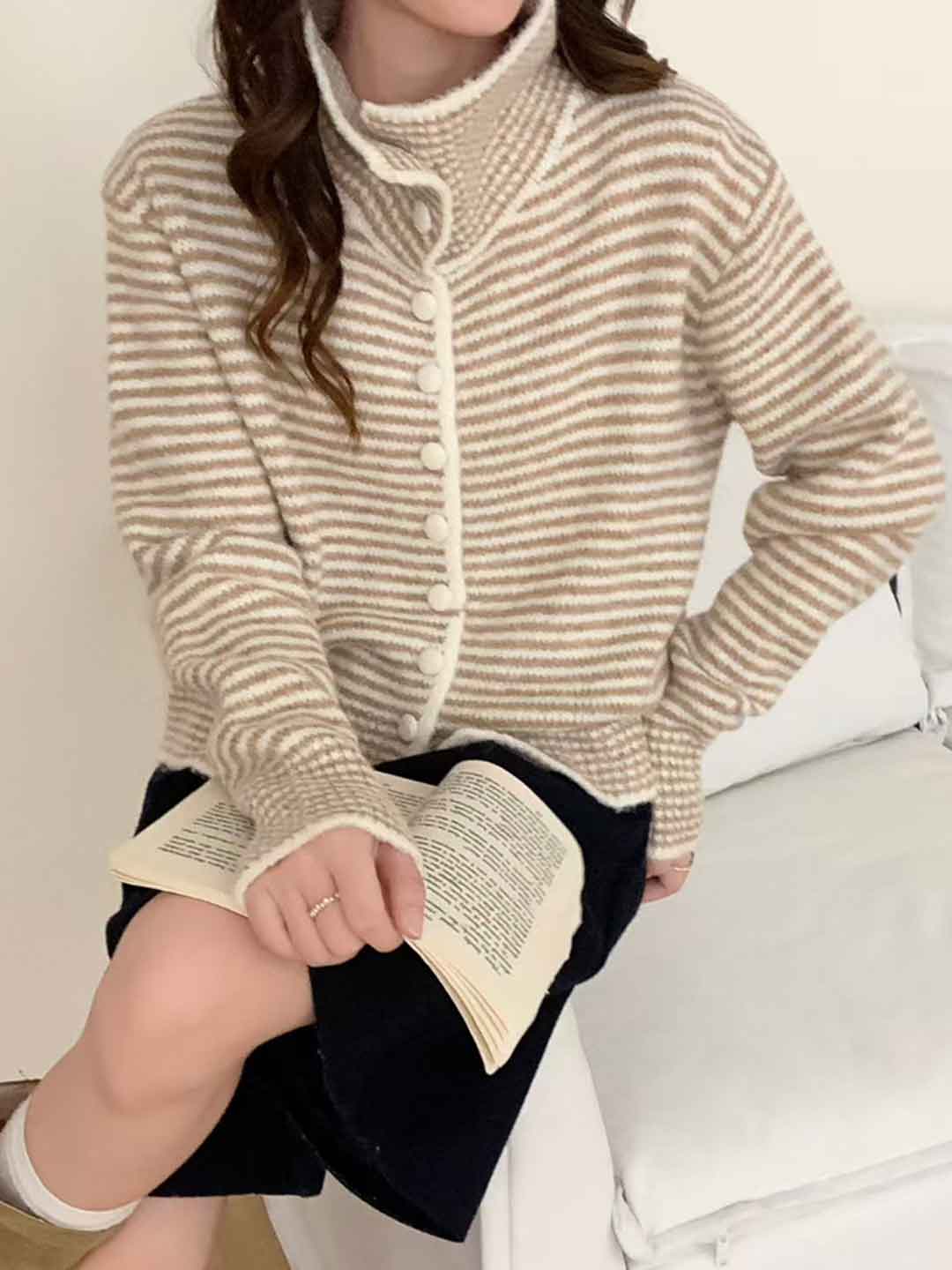 Ava Simple Lapel Striped Knitted Cardigan