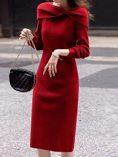 Brianna Elegant Bow Tie Solid Color Knitted Dress
