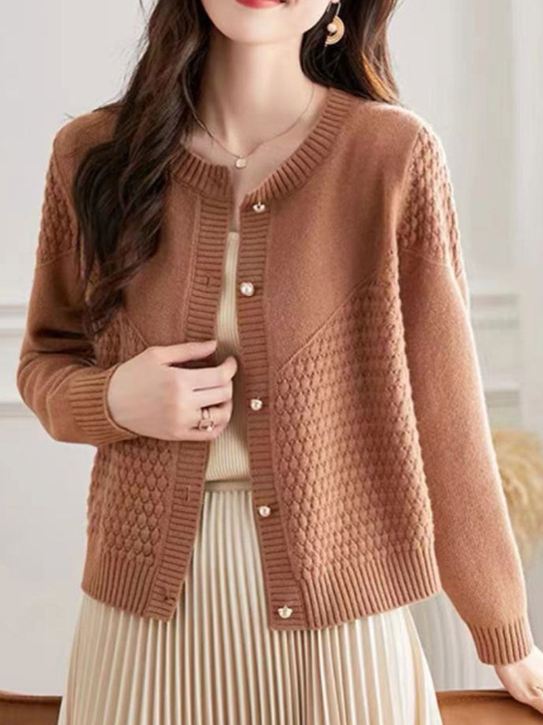 Sophia Loose Crew Neck Knitted Sweater Cardigan-Camel