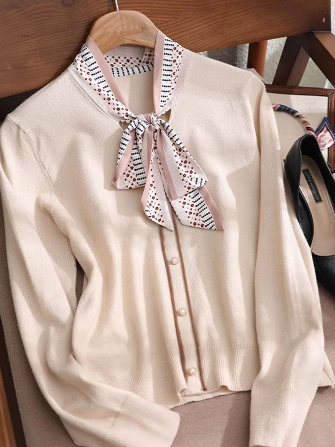 Alyssa Retro Scarf Collar Bow Tie Knitted Sweater-Apricot