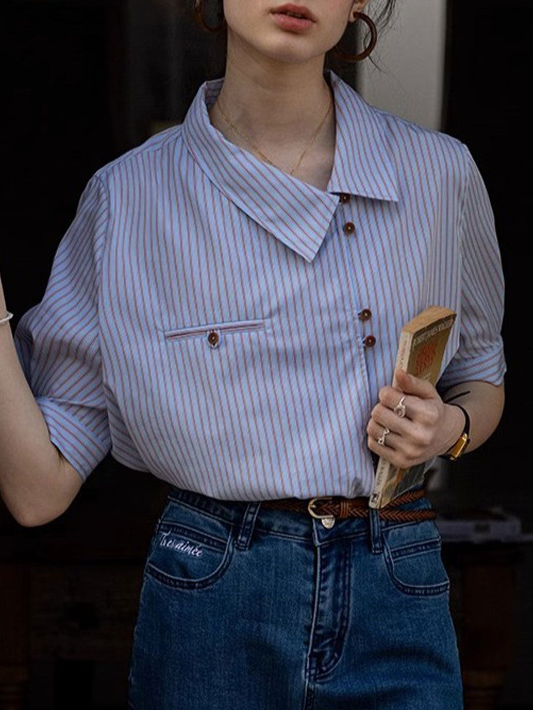 Caroline Classic Slant Collar Striped Shirt