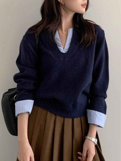 Grace Slim Lapel Striped Two-Piece Knitted Top