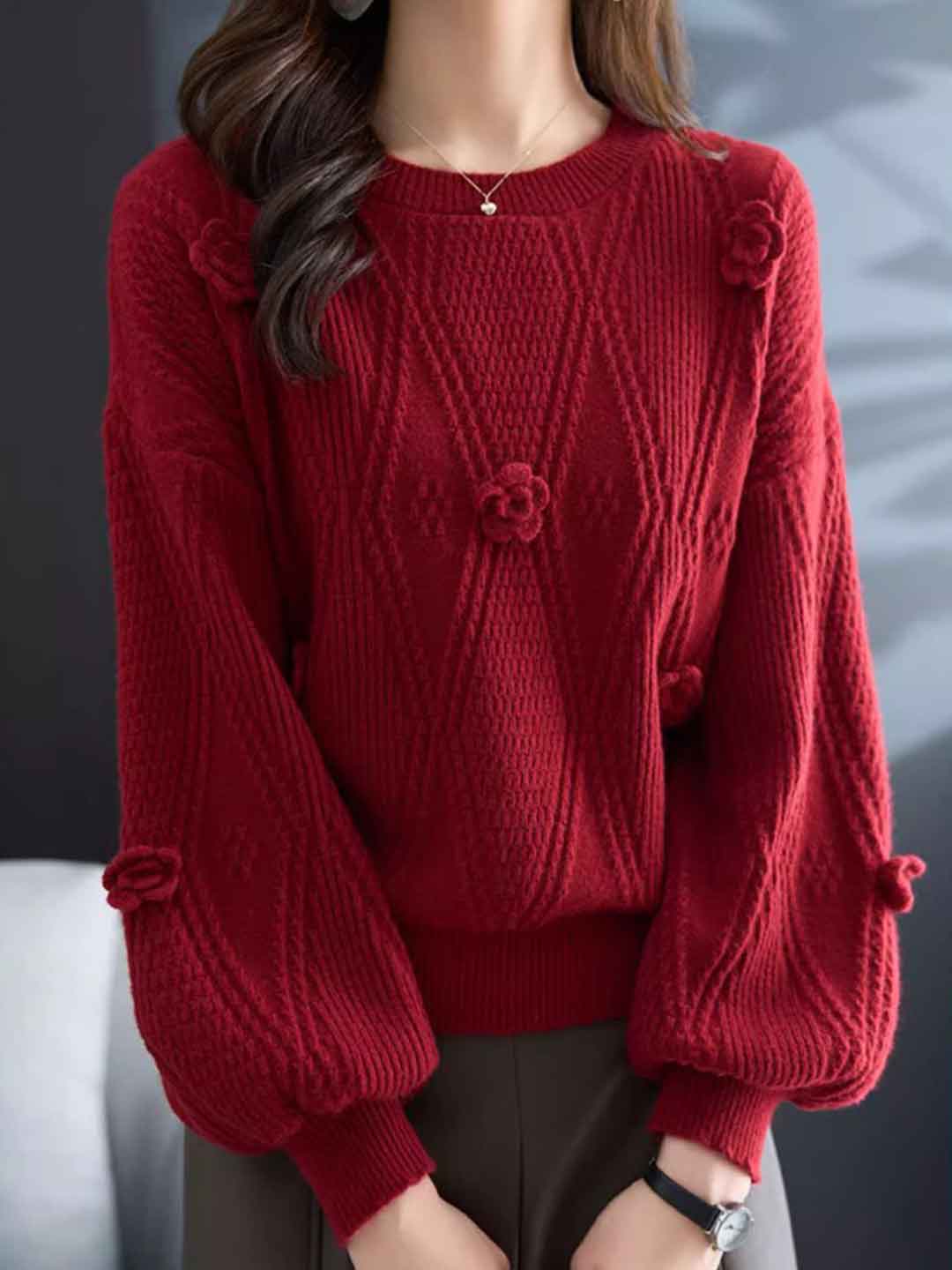 Brianna Loose Crew Neck Lantern Sleeve Floral Knitted Top