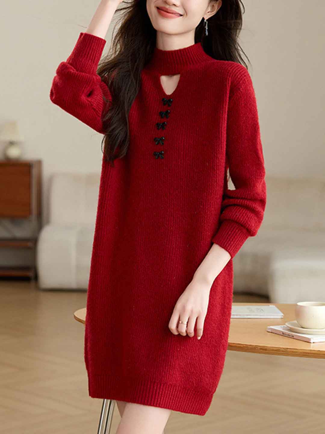 Bella Retro Turtleneck Solid Color Knitted Sweater Dress