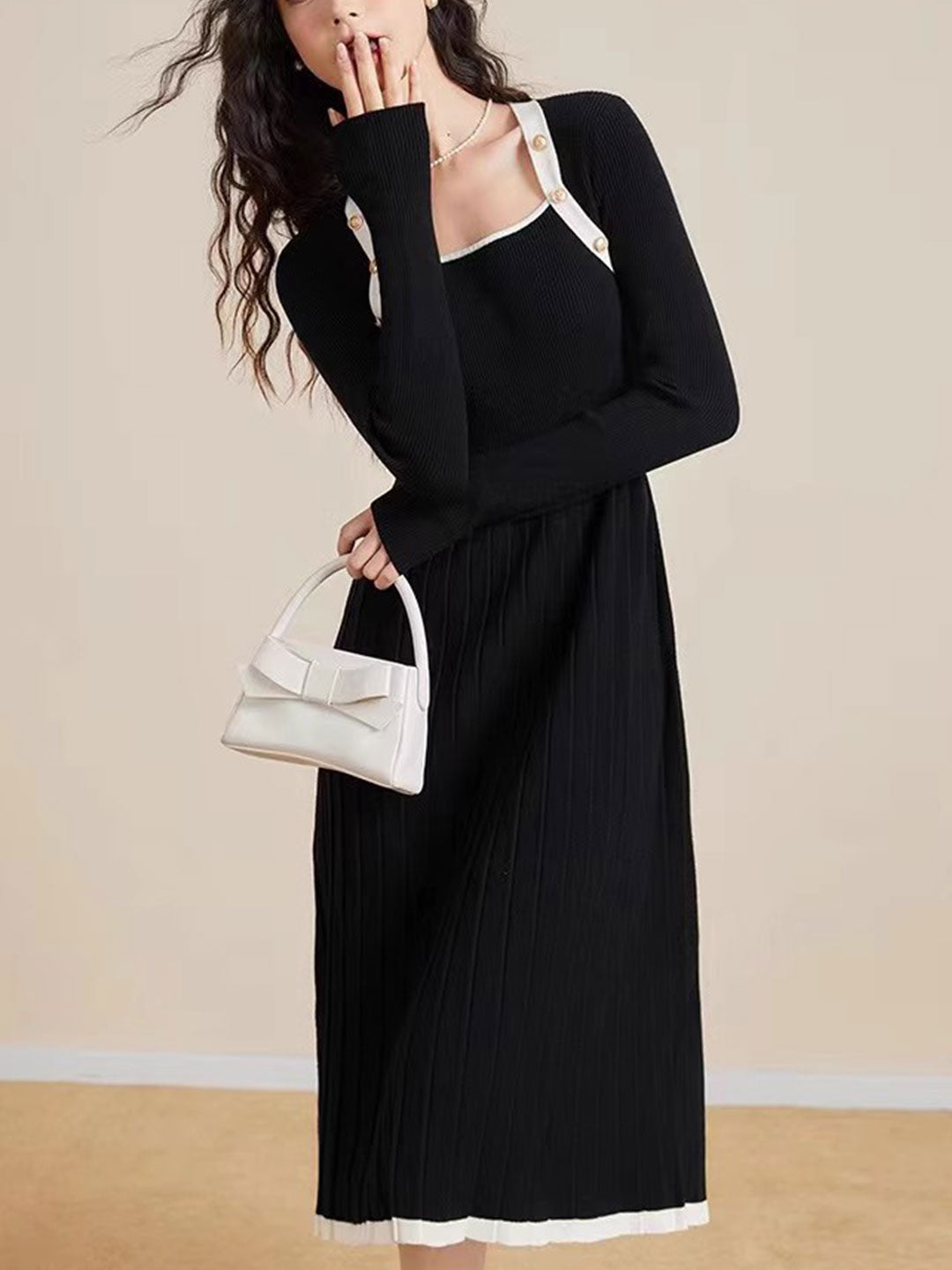 Natalie Contrasting Color Pleated Knitted Sweater Dress