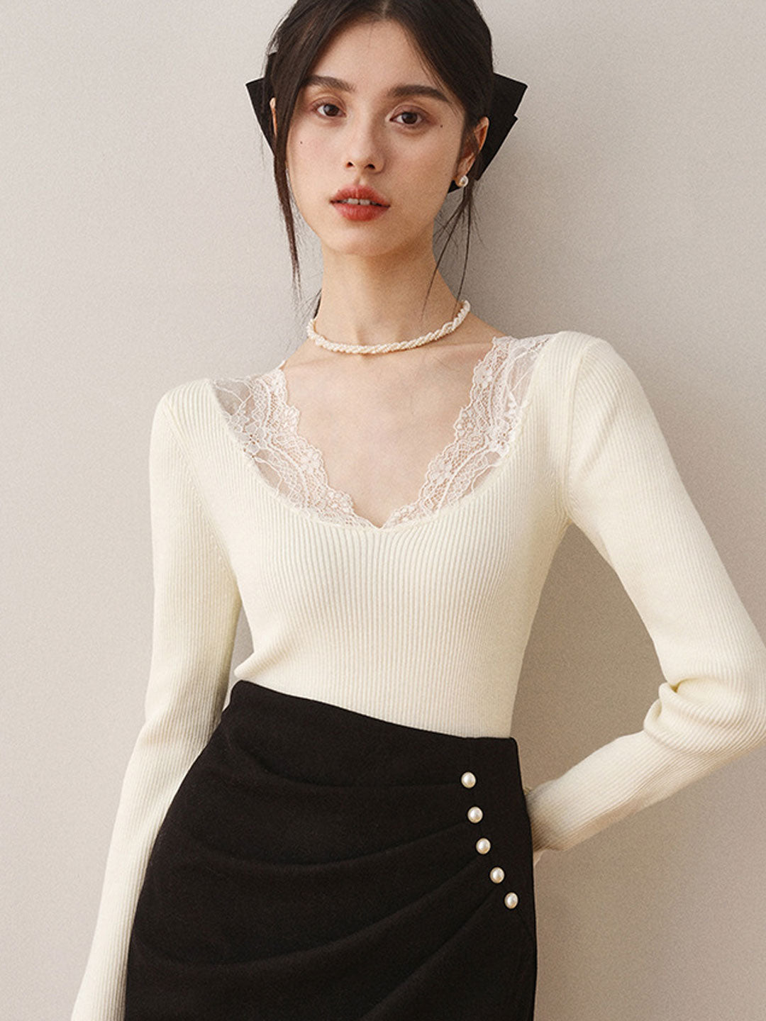 Brianna V-Neck Lace Knitted Sweater