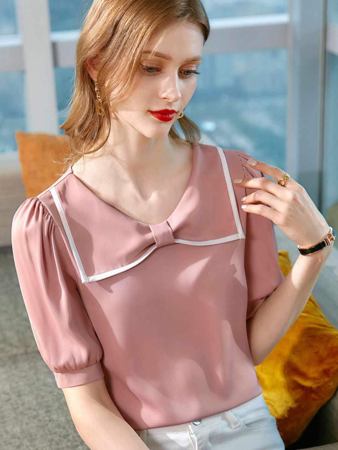 Lauren Retro Contrasted Color Chiffon Shirt