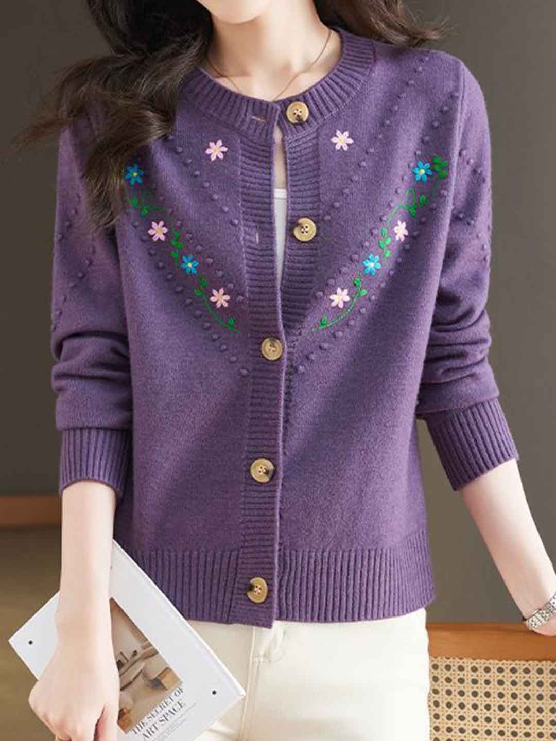 Faith Classic Crew Neck Embroidered Floral Knitted Cardigan