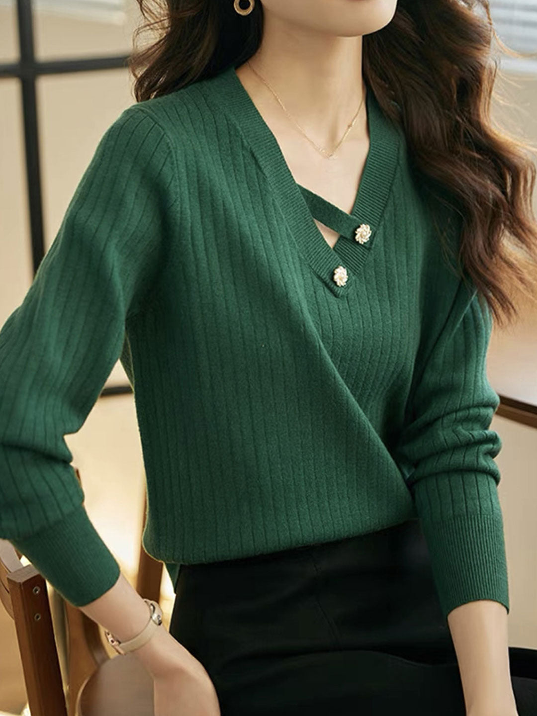 Olivia Elegant V-Neck Hollowed Pullover Knitted Sweater