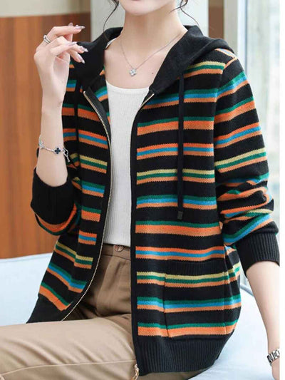 Emily Loose Hooded Contrasted Striped Knitted Coat