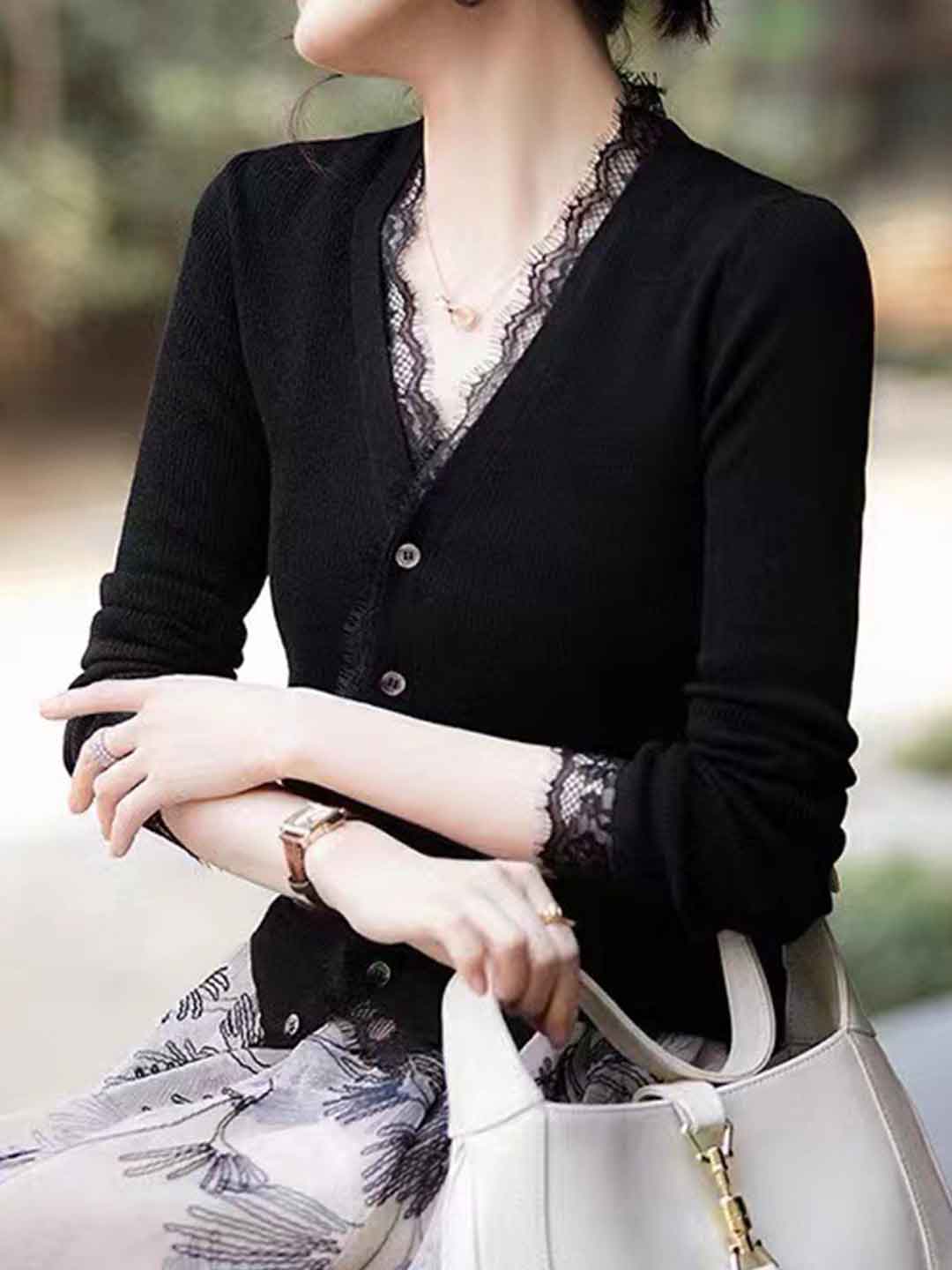Charlotte Slim V-Neck Lace Knitted Sweater