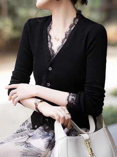 Charlotte Slim V-Neck Lace Knitted Sweater